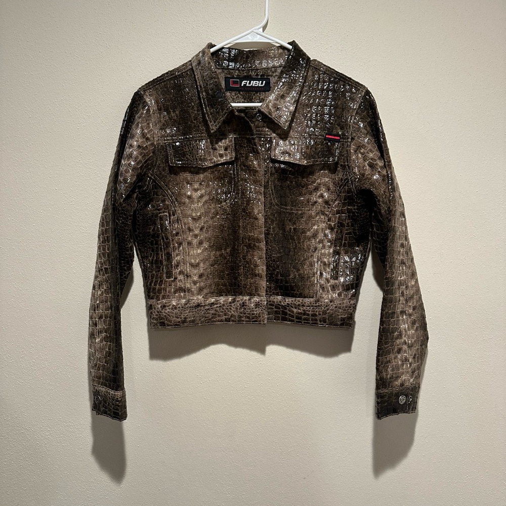 FUBU Women's Faux Snake Skin Brown Cropped Jacket